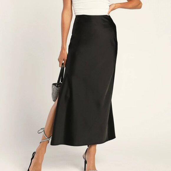 Lulus Smooth Sophistication Black Midi Skirt with Slit - Picture 1 of 9